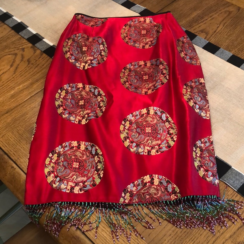 Asian inspired red silk skirt with bead fringe
